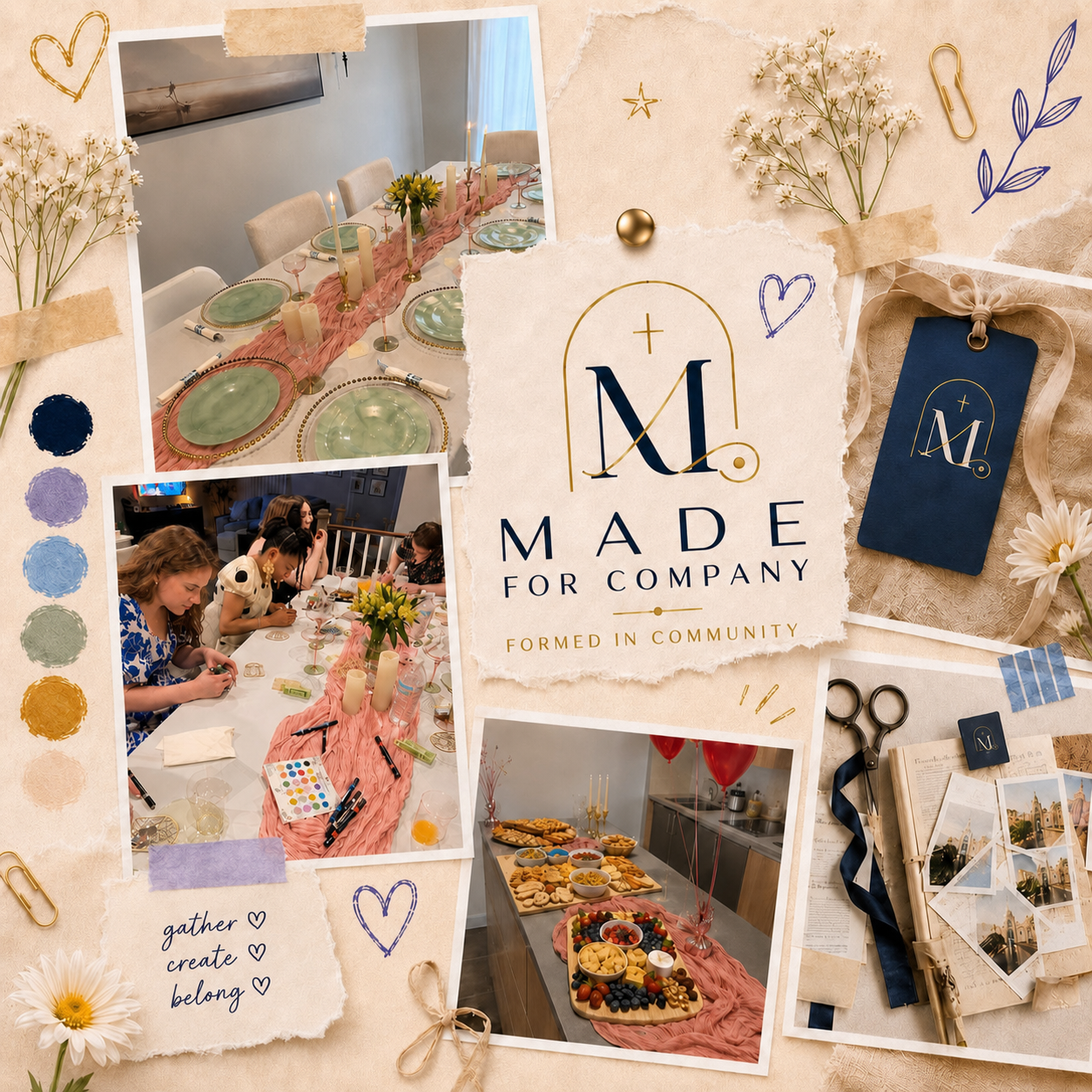 Made for Company brand collage featuring gatherings, creative details, and the Made for Company logo